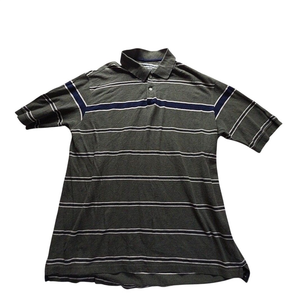 John Ashford Polo Shirt Mens 2XLT Green Stripe Short Sleeve 100% Cotton Knit